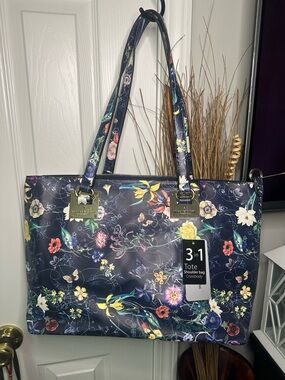 Floral Print 3-in-1 Tote Shoulder Bag - Navy